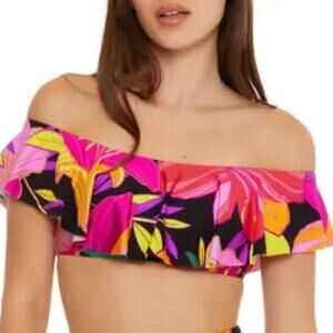 Trina Turk Women's Off Shoulder Ruffle Floral Bandeau Bikini Swimsuit Top Size 4